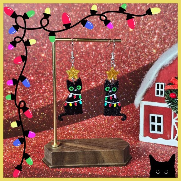 Jewelry - 2/$15 Black Cat Earrings With Christmas Lights (NWOT)